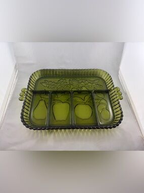 Vintage Indiana Glass Fruits Pattern 5 Part Divided Relish Tray Avocado Green